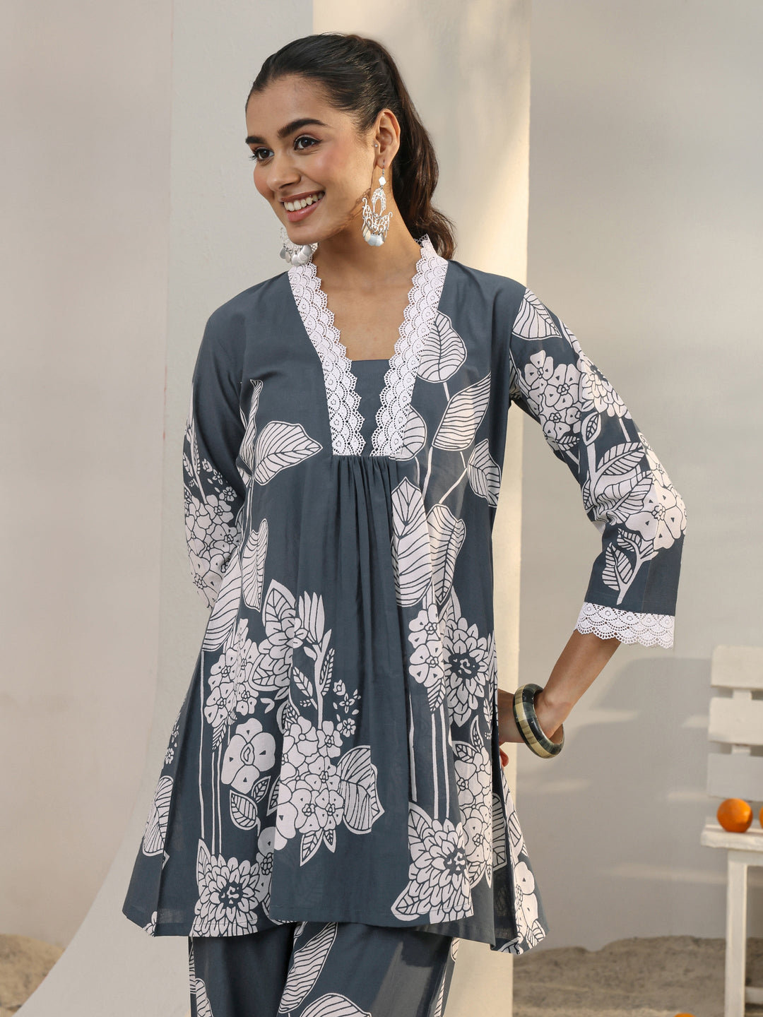 Grey Floral Printed Cotton Co-Ord Set
