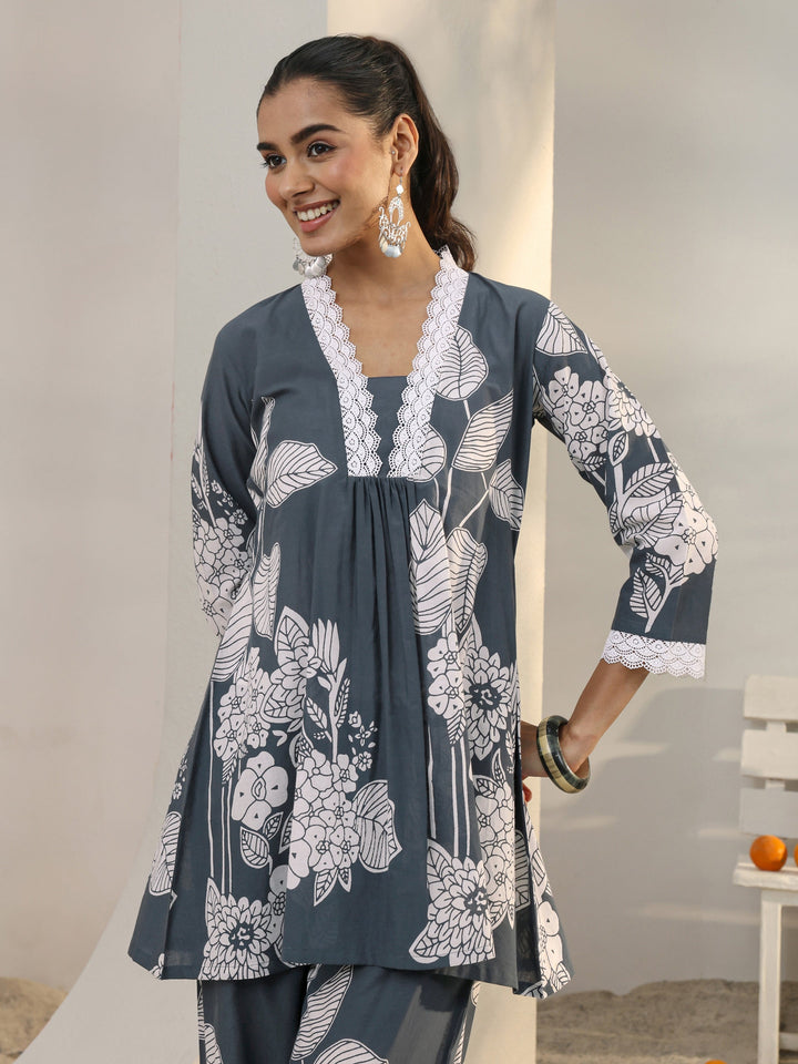 Grey Floral Printed Cotton Co-Ord Set