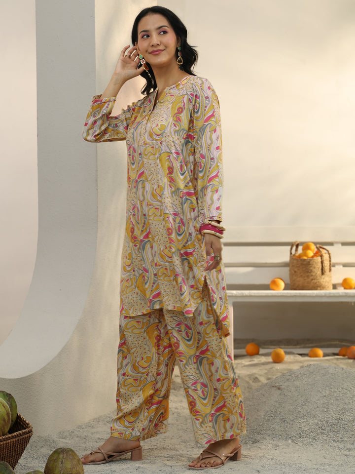 Yellow Abstract Printed Muslin Co-Ord Set