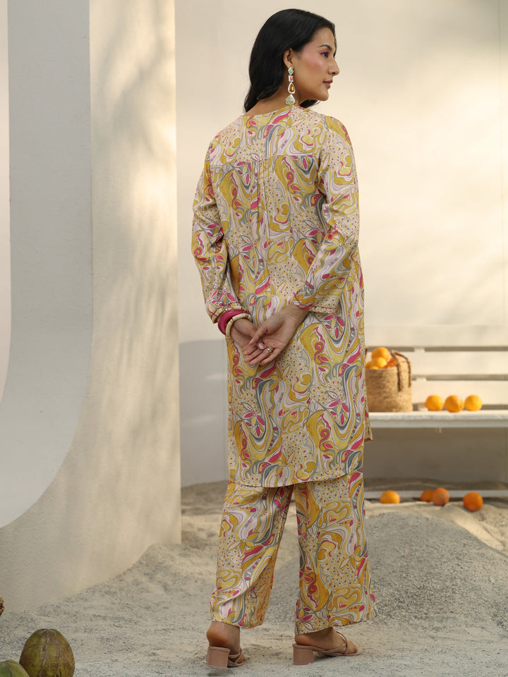Yellow Abstract Printed Muslin Co-Ord Set