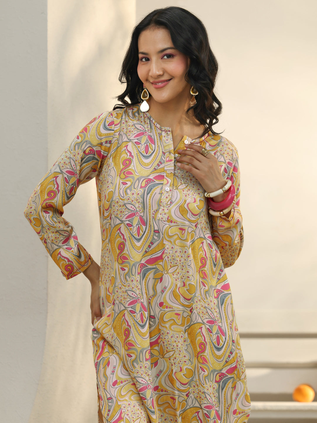 Yellow Abstract Printed Muslin Co-Ord Set
