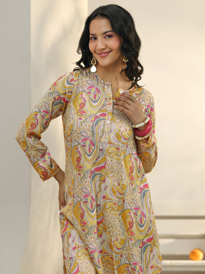 Yellow Abstract Printed Muslin Co-Ord Set