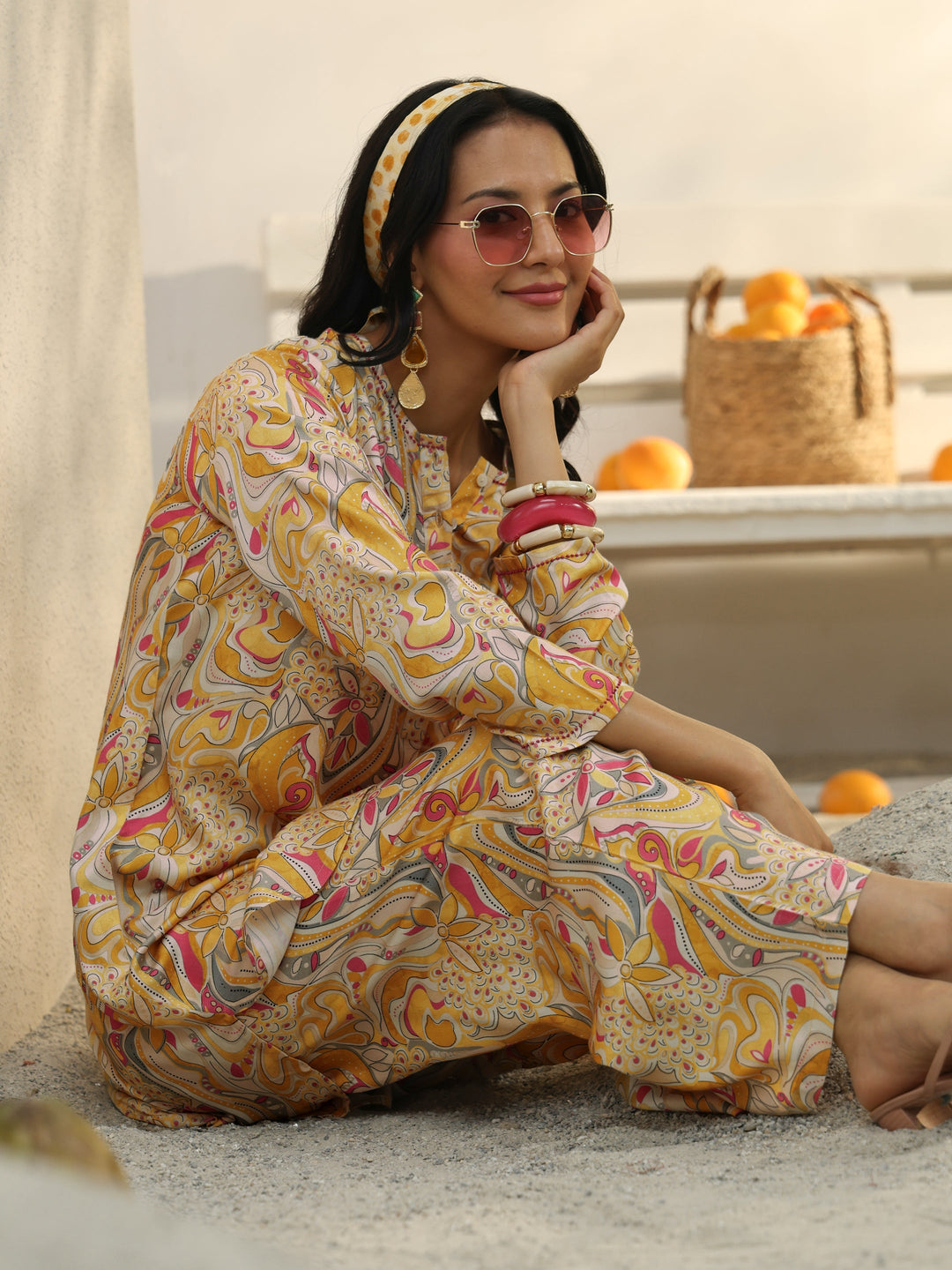 Yellow Abstract Printed Muslin Co-Ord Set