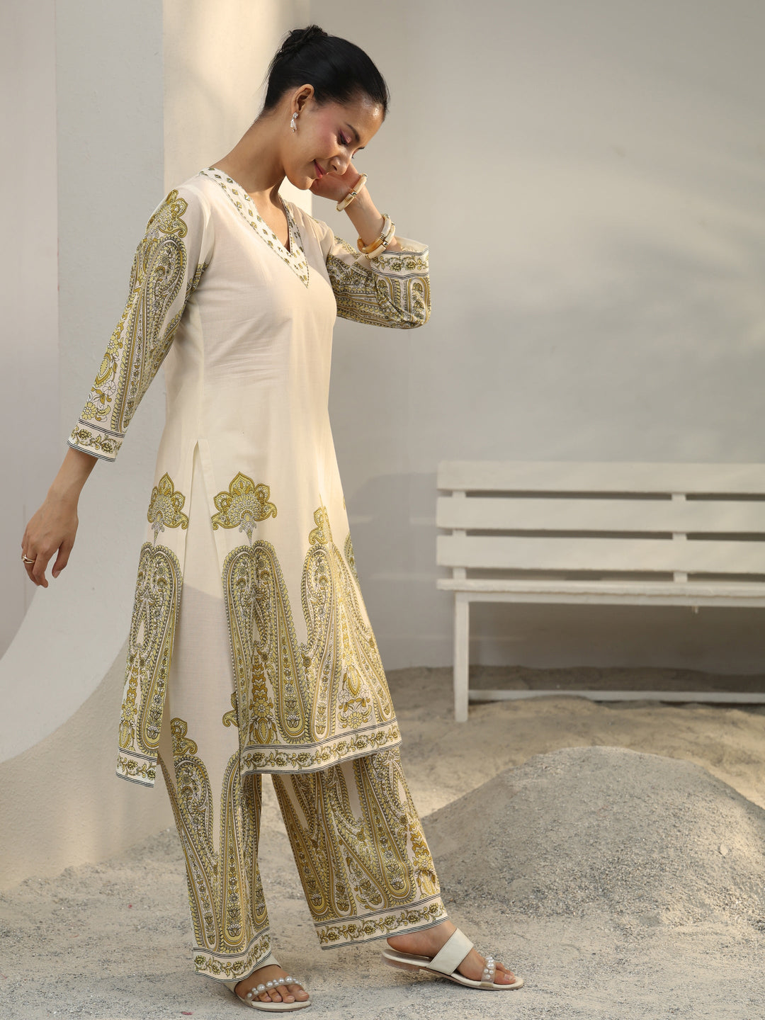 Off White Ethnic Printed Cotton Co-Ord Set