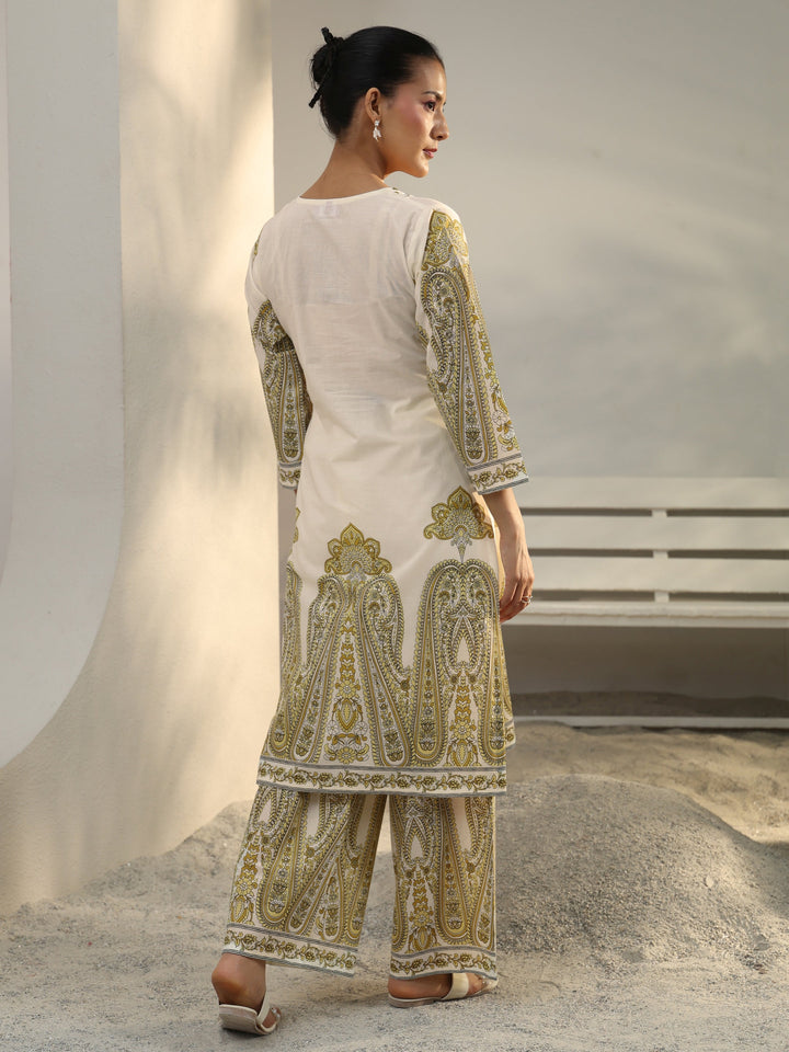 Off White Ethnic Printed Cotton Co-Ord Set