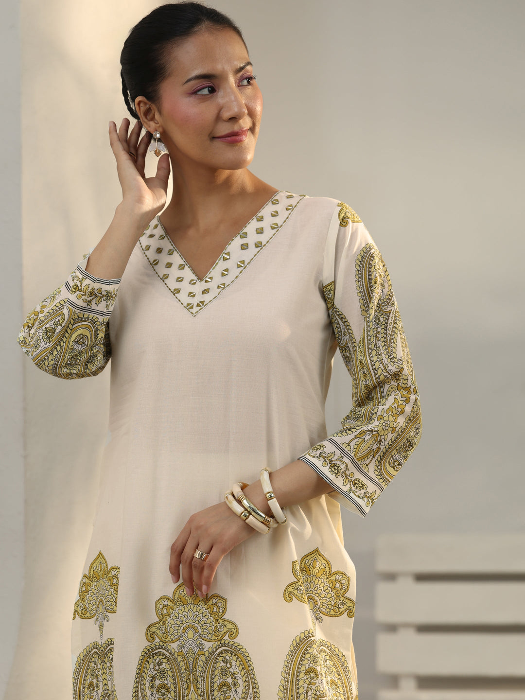 Off White Ethnic Printed Cotton Co-Ord Set
