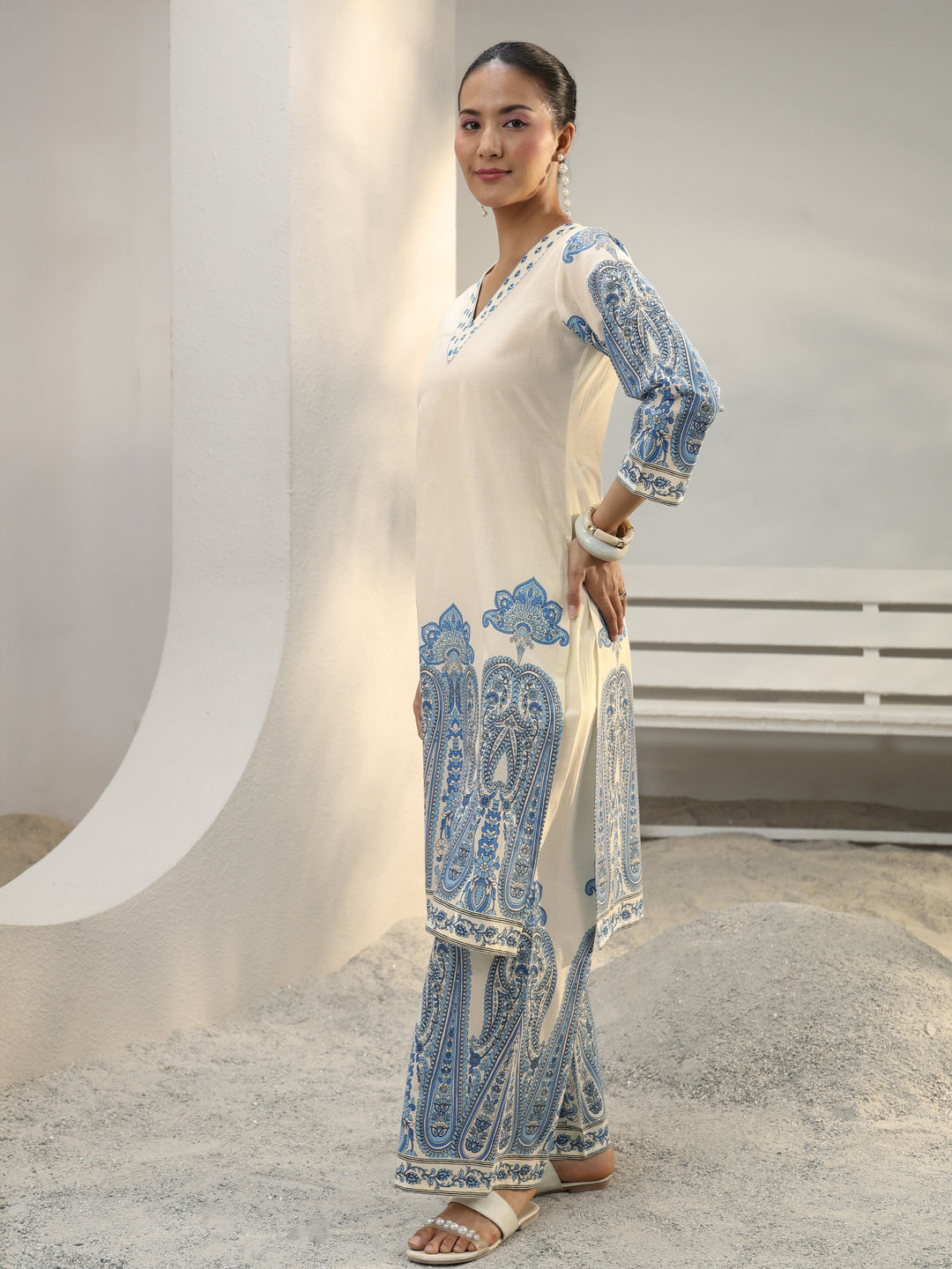 Off White Ethnic Printed Cotton Co-Ord Set