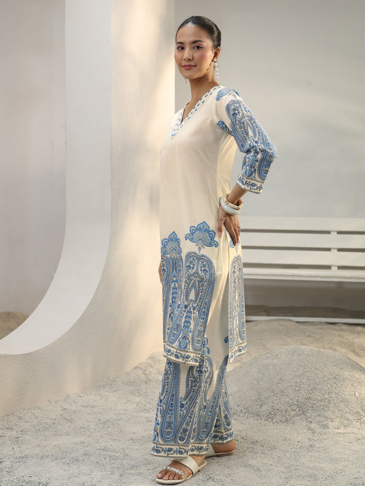 Off White Ethnic Printed Cotton Co-Ord Set