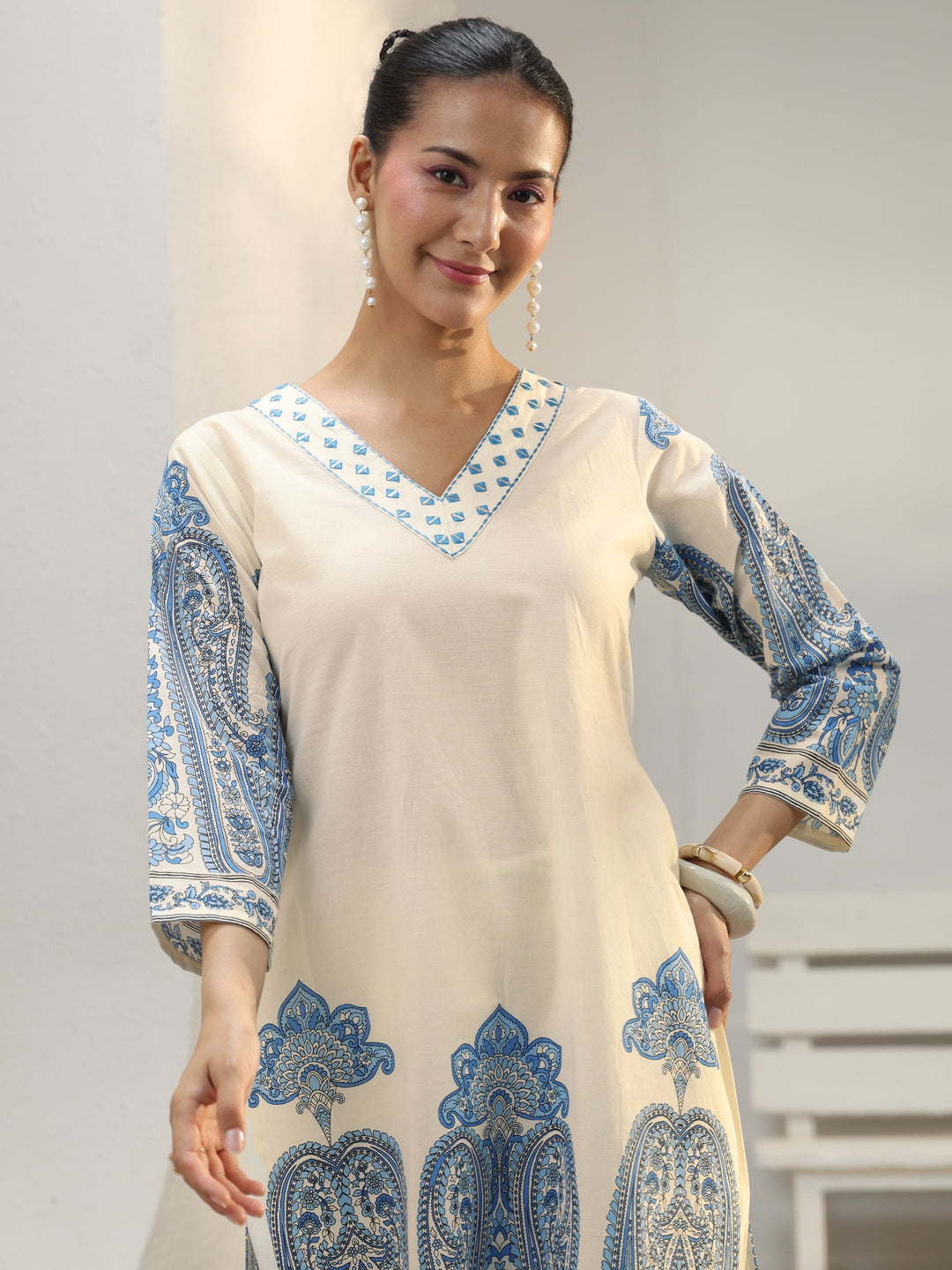 Off White Ethnic Printed Cotton Co-Ord Set