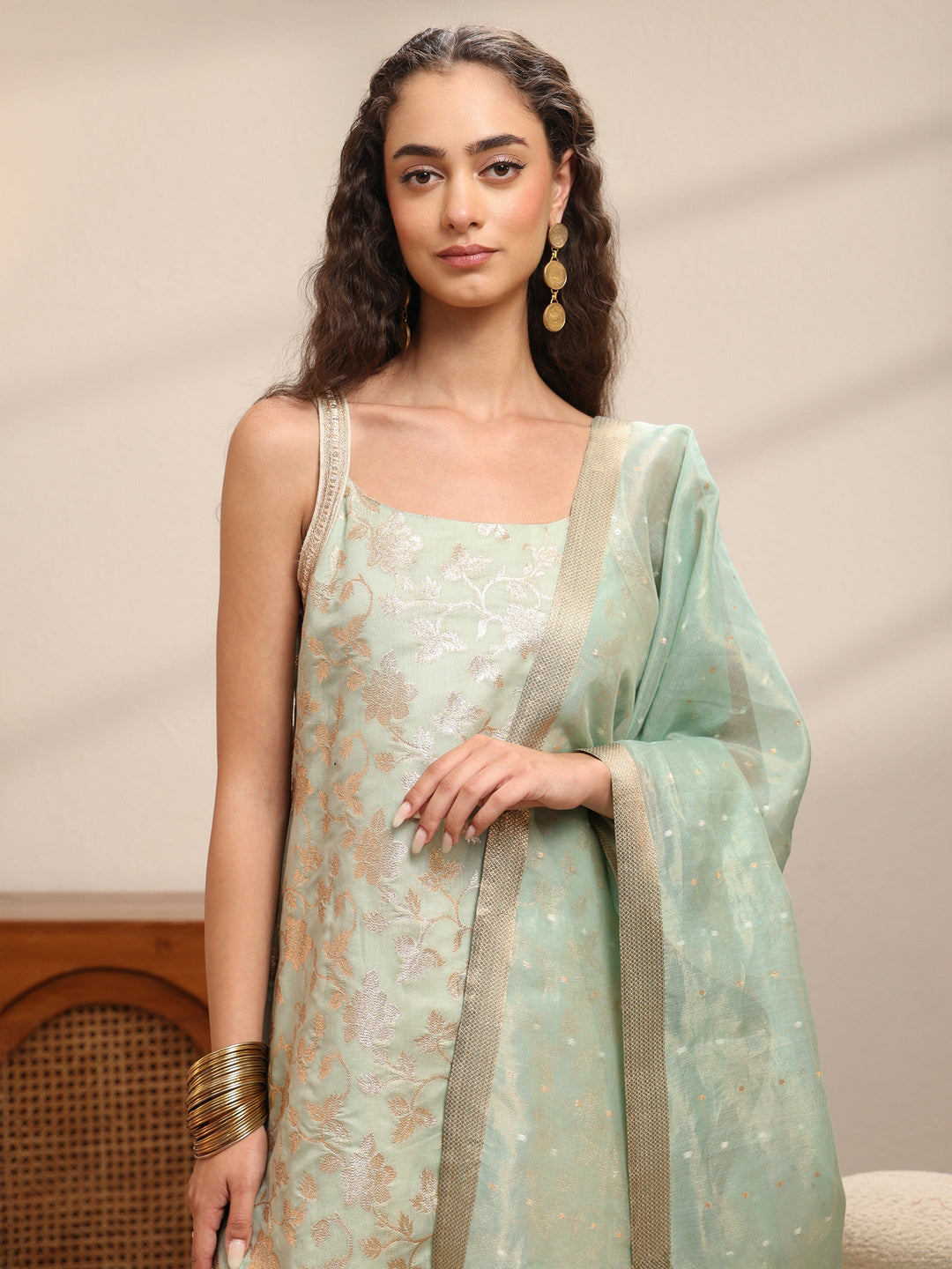 Mint Blue Woven Design Chanderi Silk Sleeveless Palazzo Suit Set