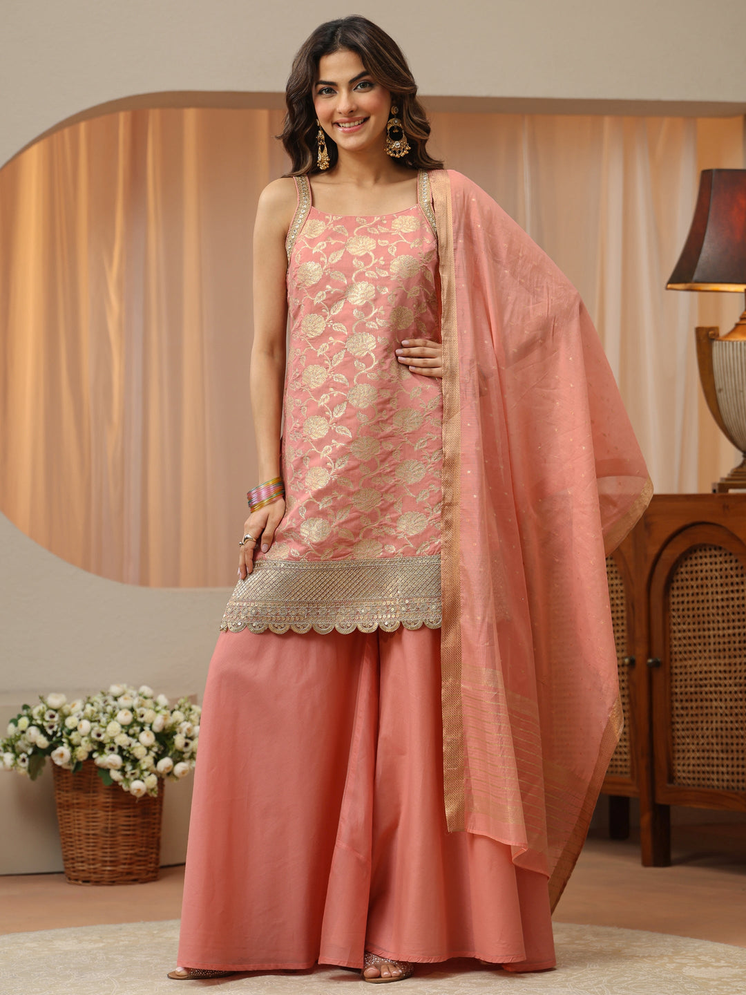 Peach Woven Design Chanderi Silk Sleeveless Palazzo Suit Set
