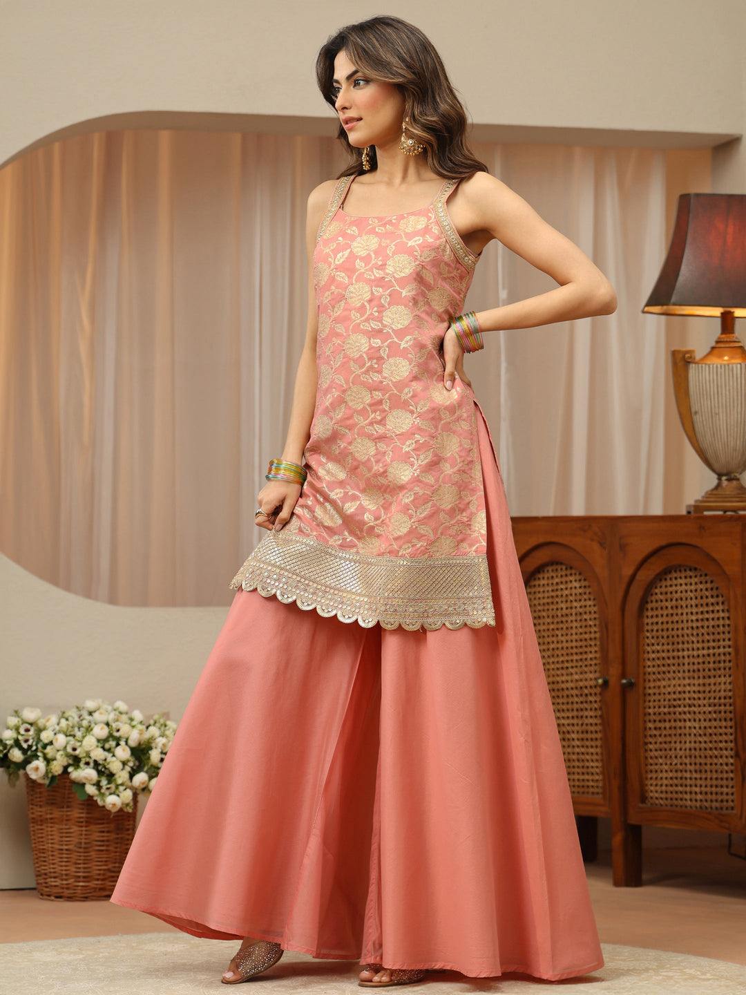 Peach Woven Design Chanderi Silk Sleeveless Palazzo Suit Set