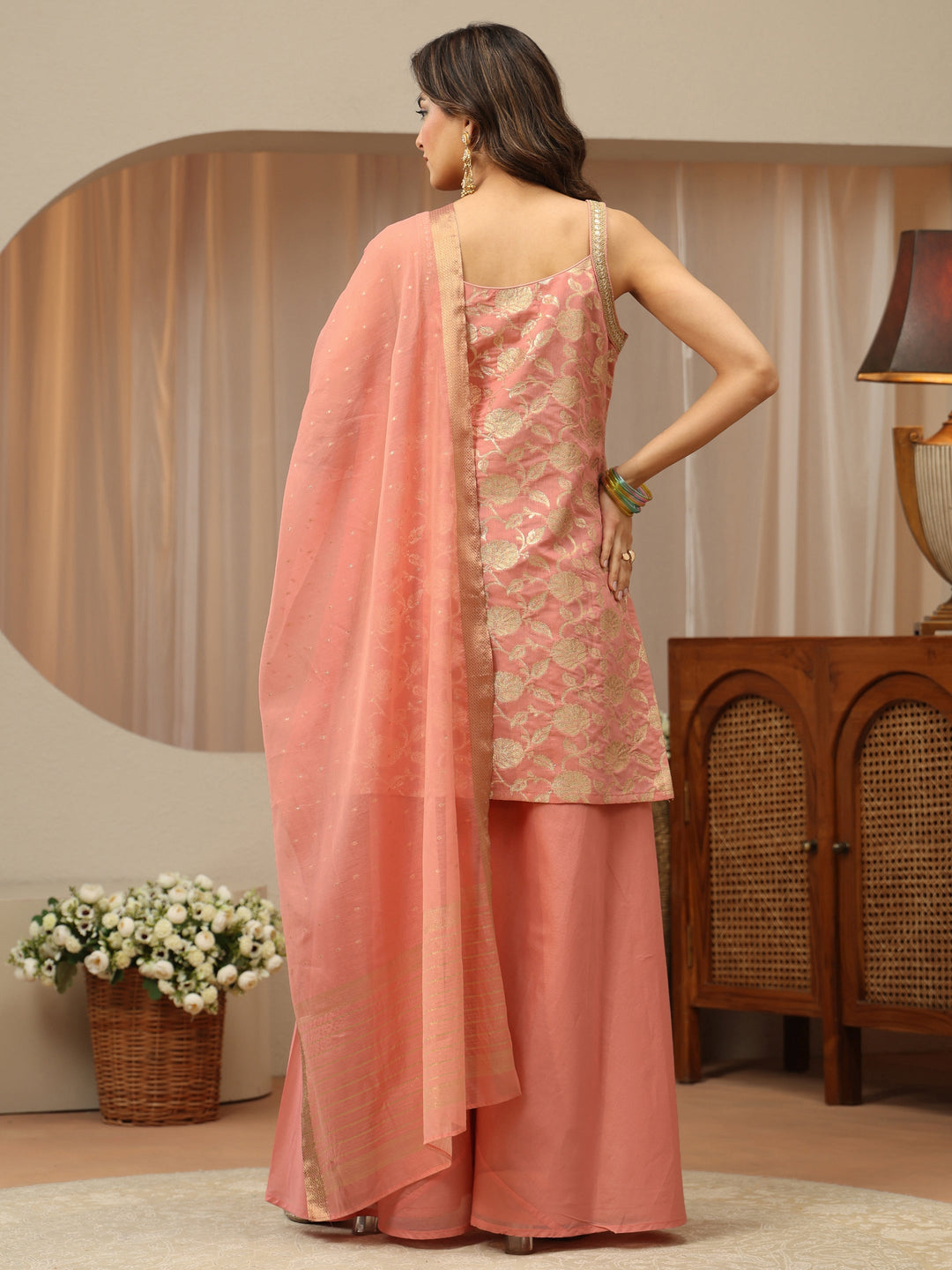 Peach Woven Design Chanderi Silk Sleeveless Palazzo Suit Set