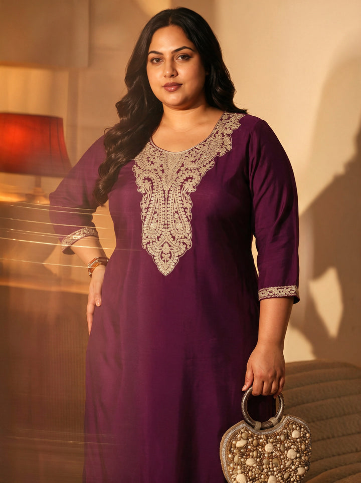 Plus Size Purple Yoke Design Embroidered Silk Blend Straight Kurta