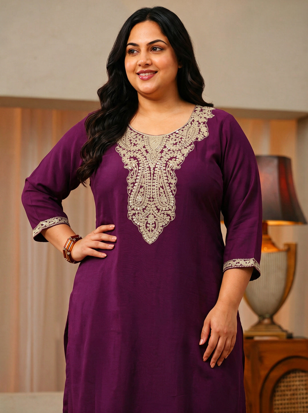 Plus Size Purple Yoke Design Embroidered Silk Blend Straight Kurta