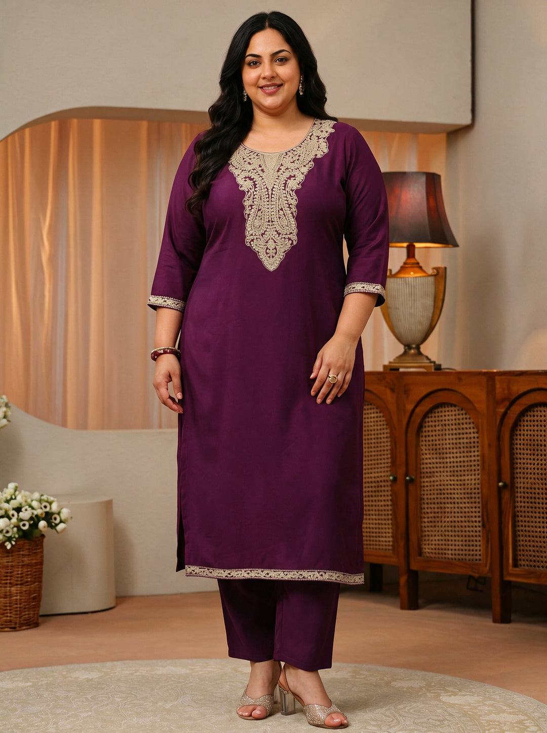 Plus Size Purple Yoke Design Embroidered Silk Blend Straight Kurta