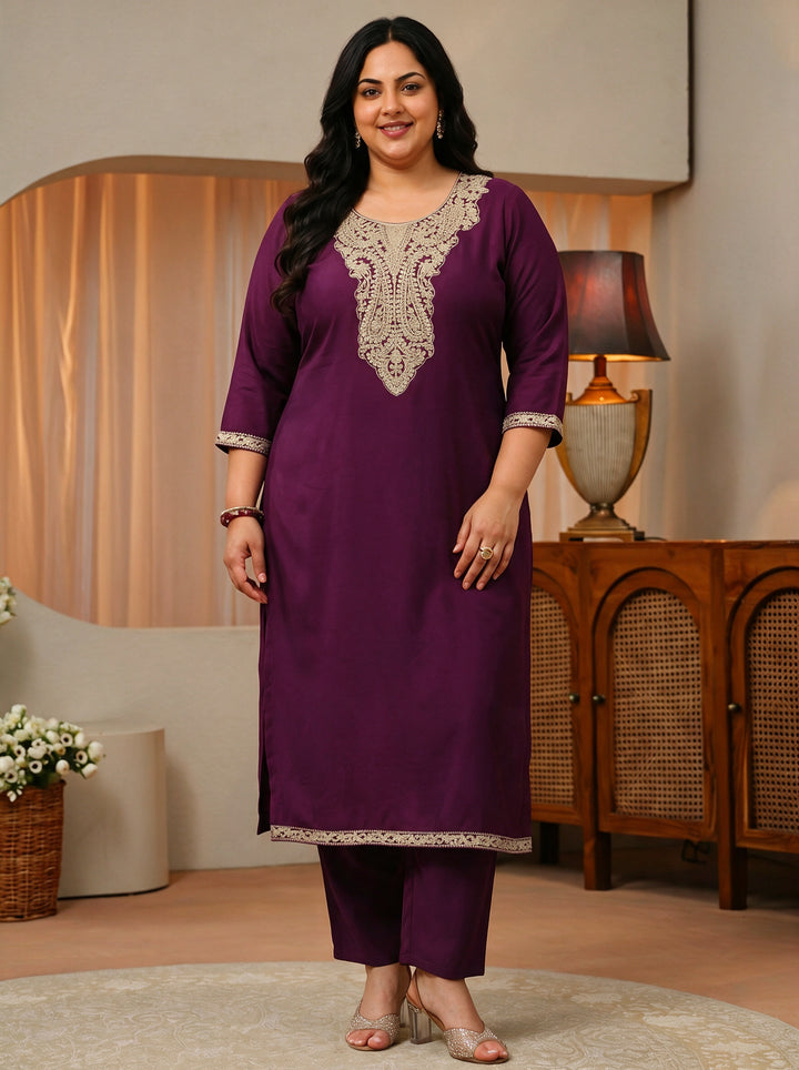 Plus Size Purple Yoke Design Embroidered Silk Blend Straight Kurta