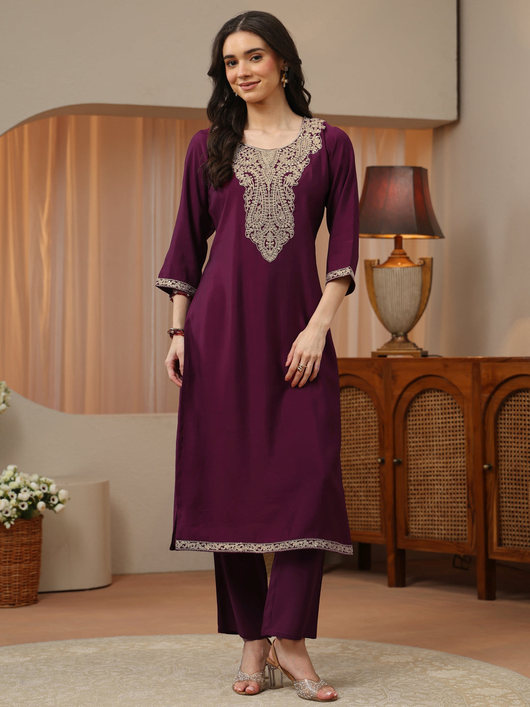 Burgundy Yoke Design Silk Blend Straight Kurta Set