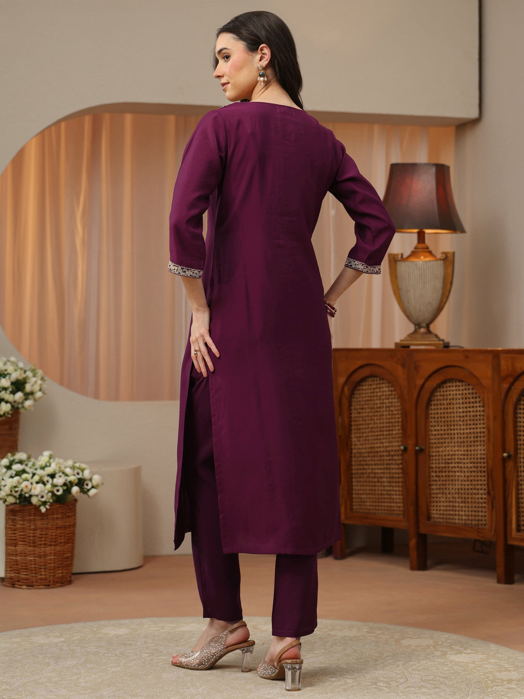 Burgundy Yoke Design Silk Blend Straight Kurta Set