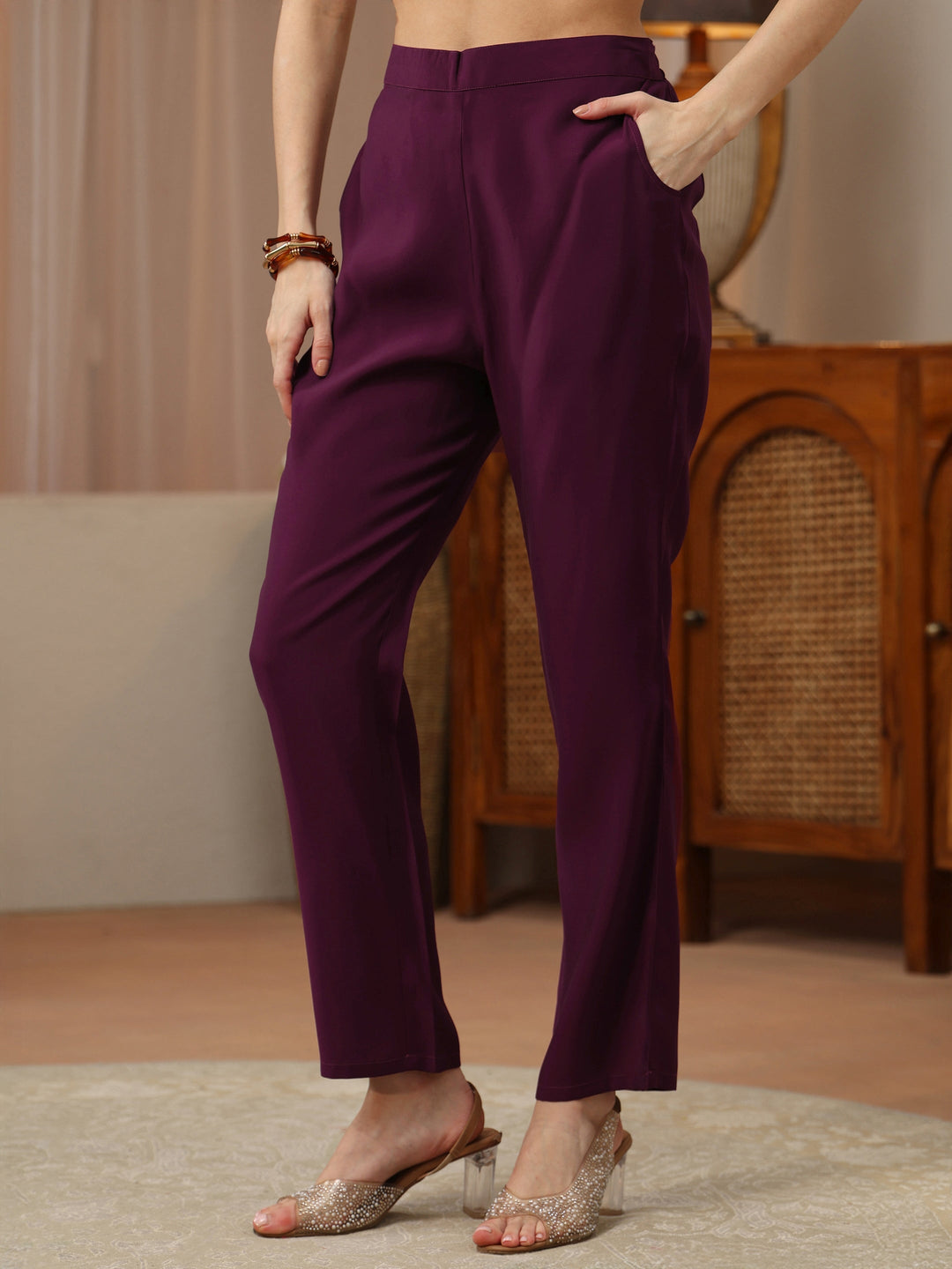 Burgundy Yoke Design Silk Blend Straight Kurta Set