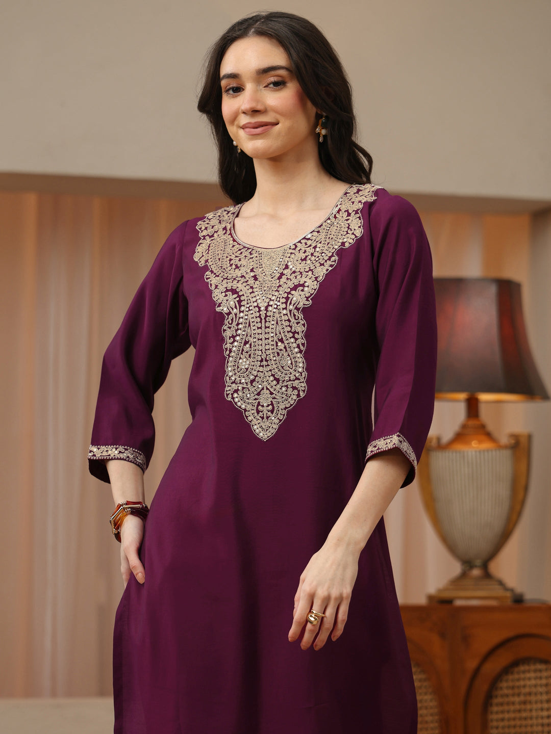 Burgundy Yoke Design Silk Blend Straight Kurta Set