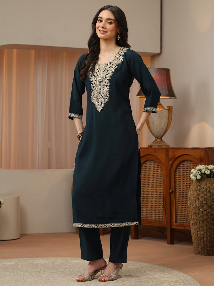 Teal Blue Yoke Design Silk Blend Straight Kurta Set