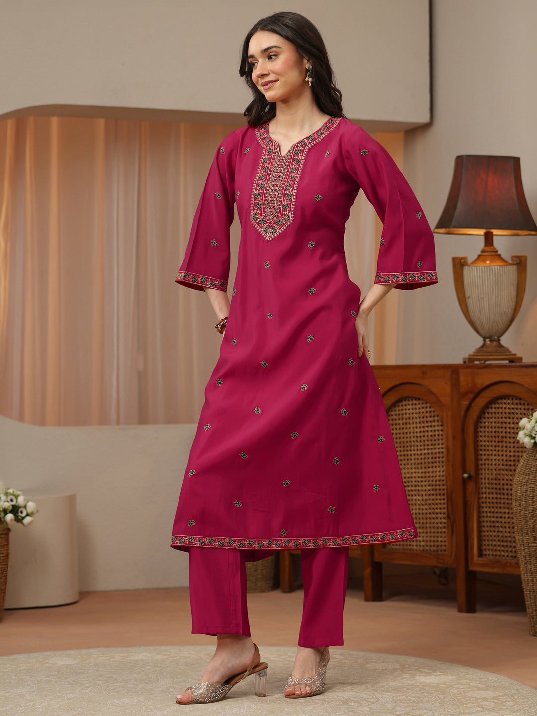 Pink Floral Embroidered Silk Blend A-Line Kurta Set