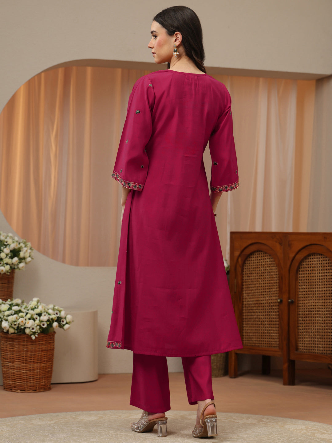 Pink Floral Embroidered Silk Blend A-Line Kurta Set