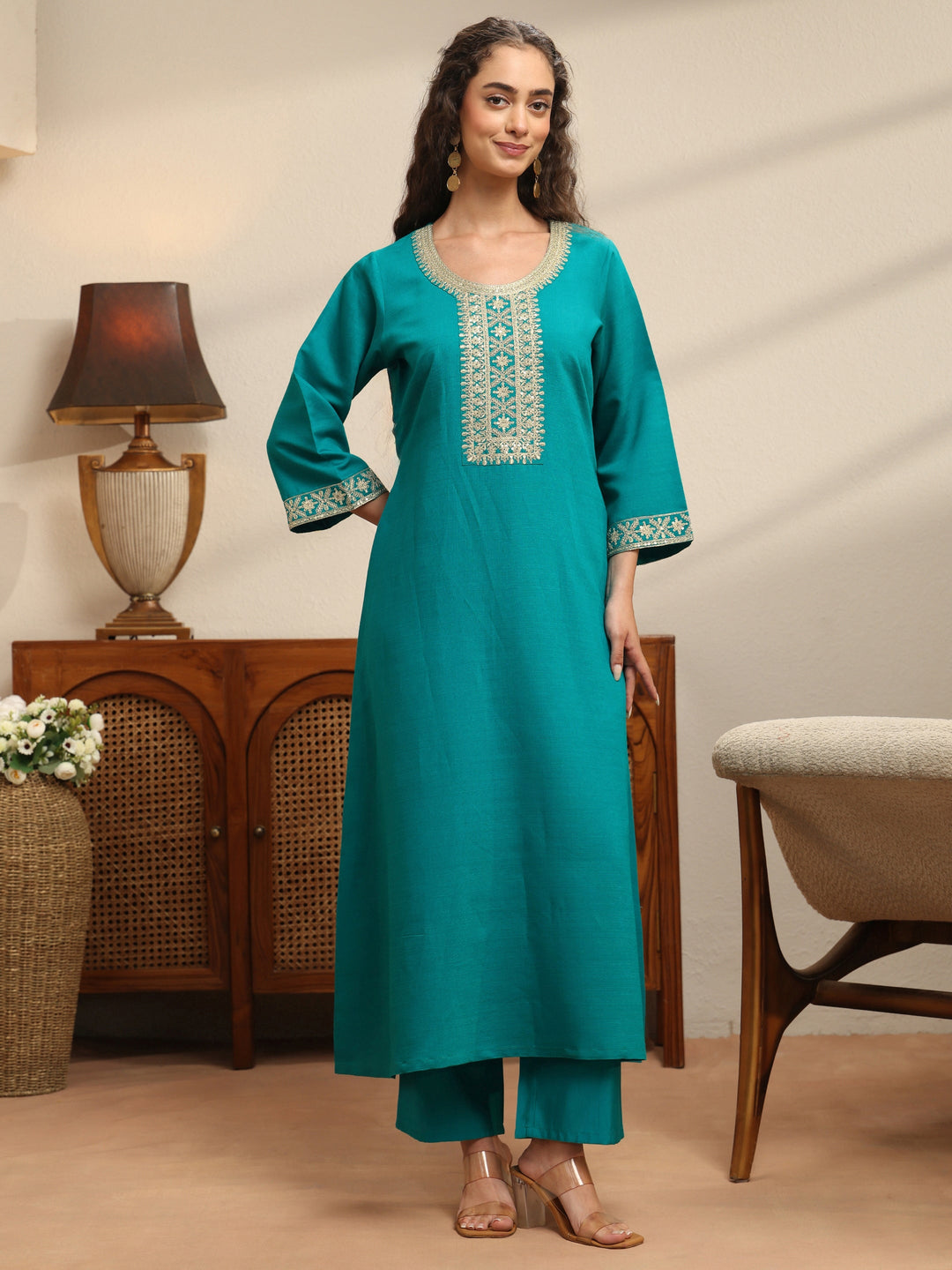Teal Embellished Yoke Design Silk Blend A-Line Kurta Set