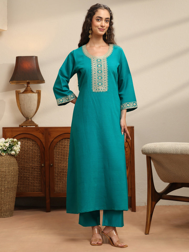 Teal Embellished Yoke Design Silk Blend A-Line Kurta Set