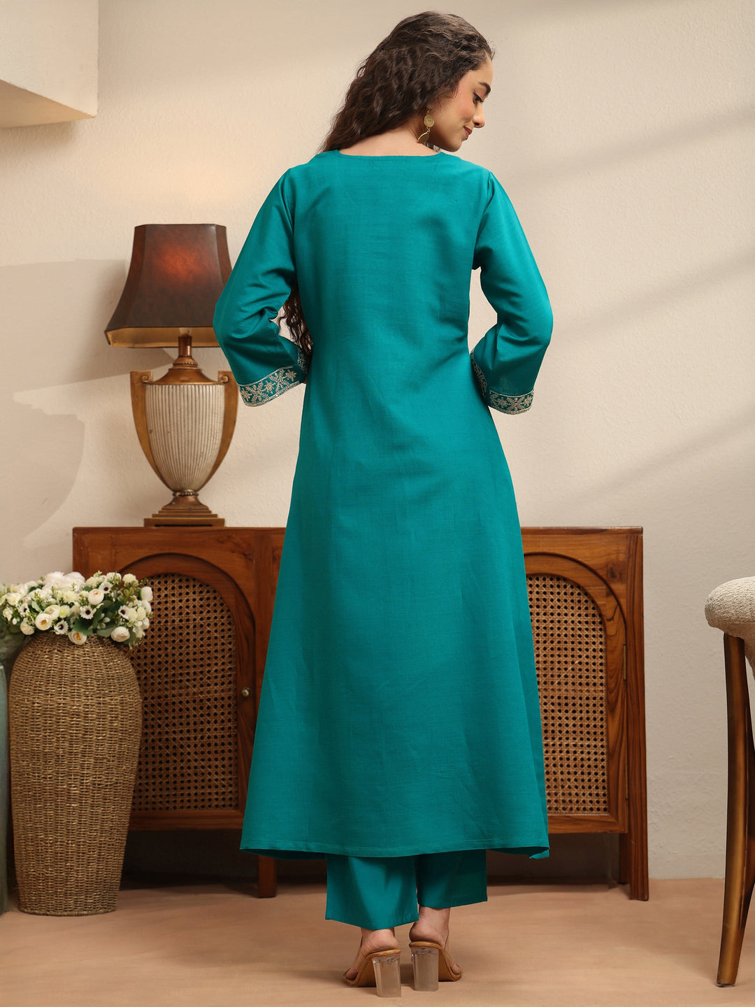 Teal Embellished Yoke Design Silk Blend A-Line Kurta Set