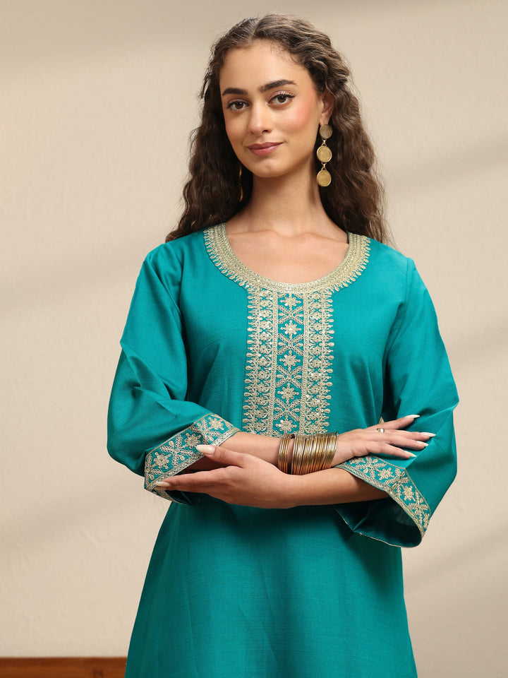 Teal Embellished Yoke Design Silk Blend A-Line Kurta Set