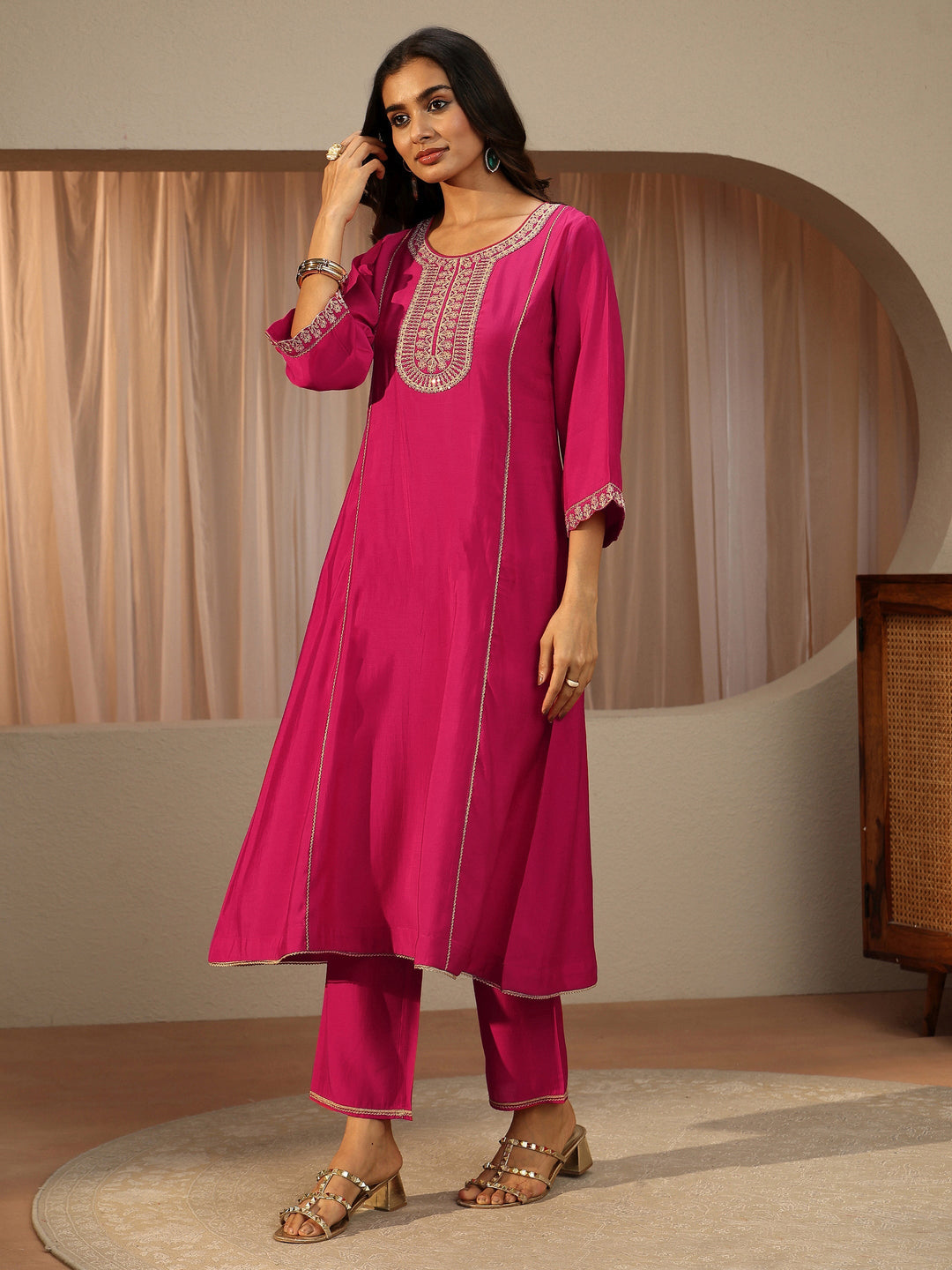 Pink Ethnic Embroidered Silk Blend A-Line Kurta Set