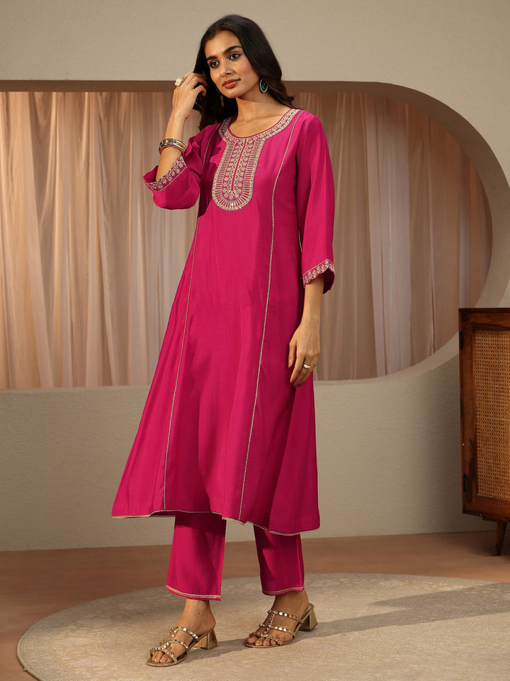 Pink Ethnic Embroidered Silk Blend A-Line Kurta Set