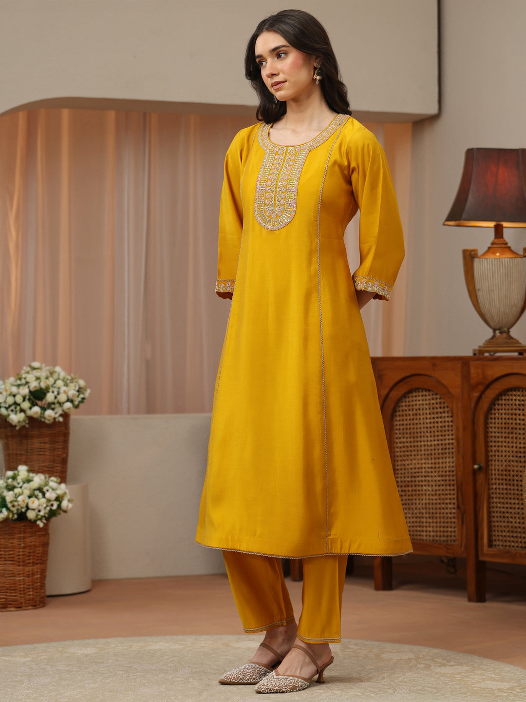 Yellow Embellished Yoke Design Silk Blend A-Line Kurta Set