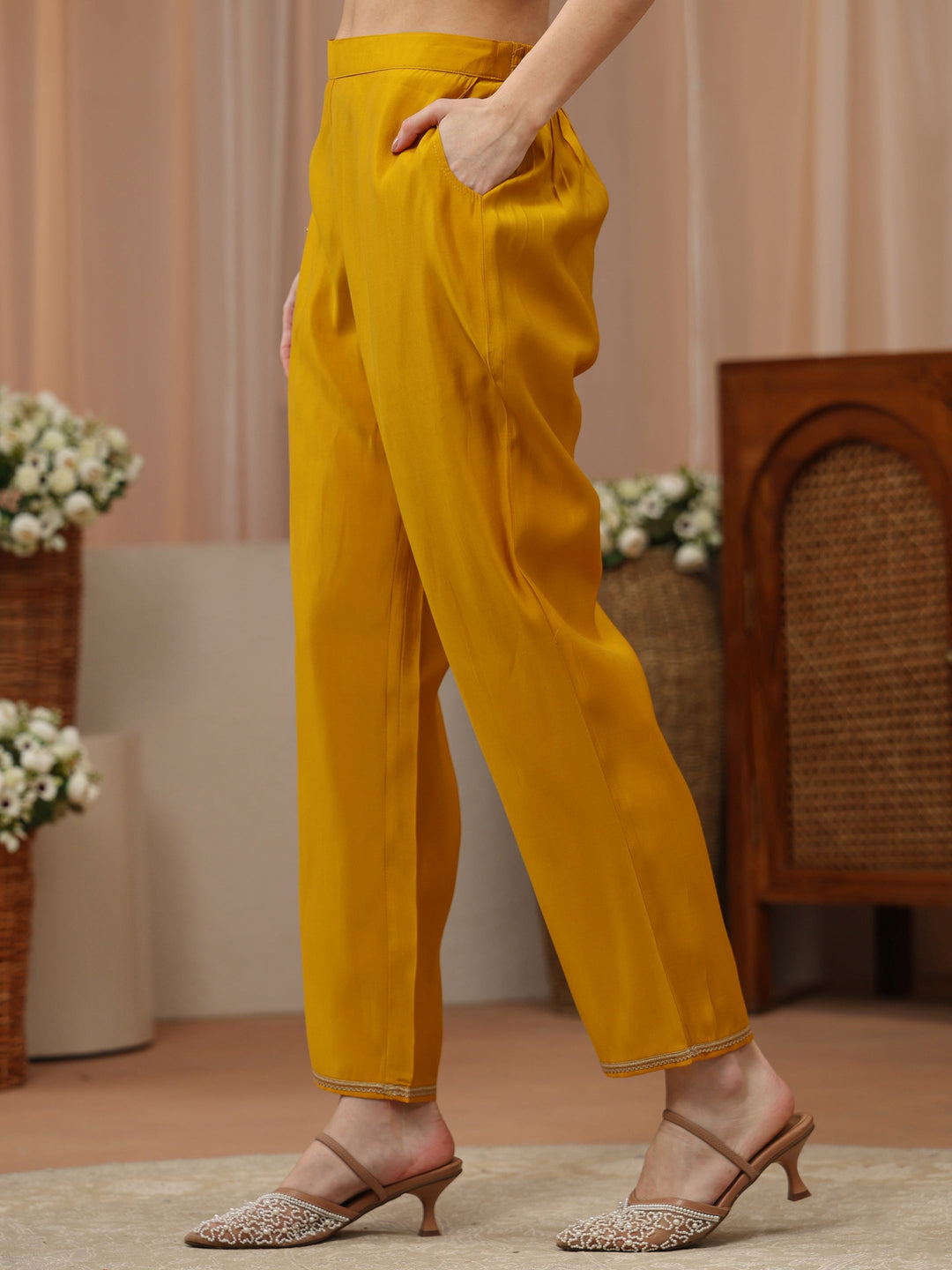 Yellow Embellished Yoke Design Silk Blend A-Line Kurta Set