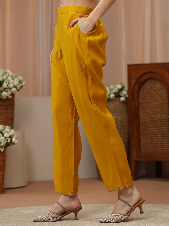 Yellow Embellished Yoke Design Silk Blend A-Line Kurta Set