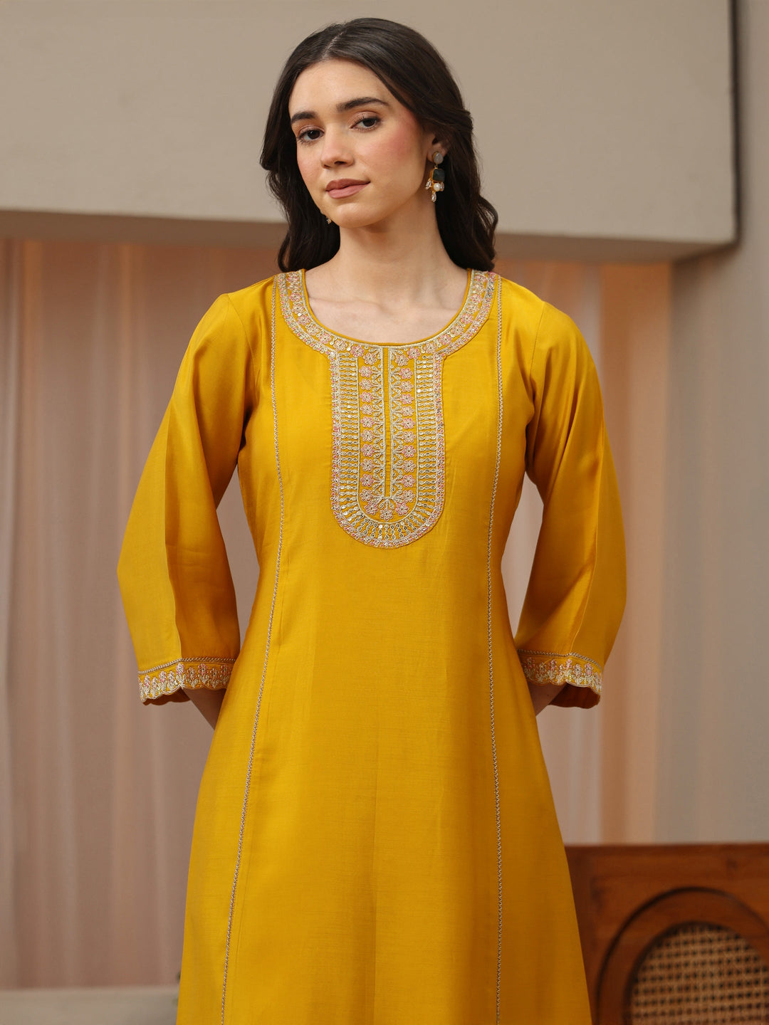 Yellow Embellished Yoke Design Silk Blend A-Line Kurta Set
