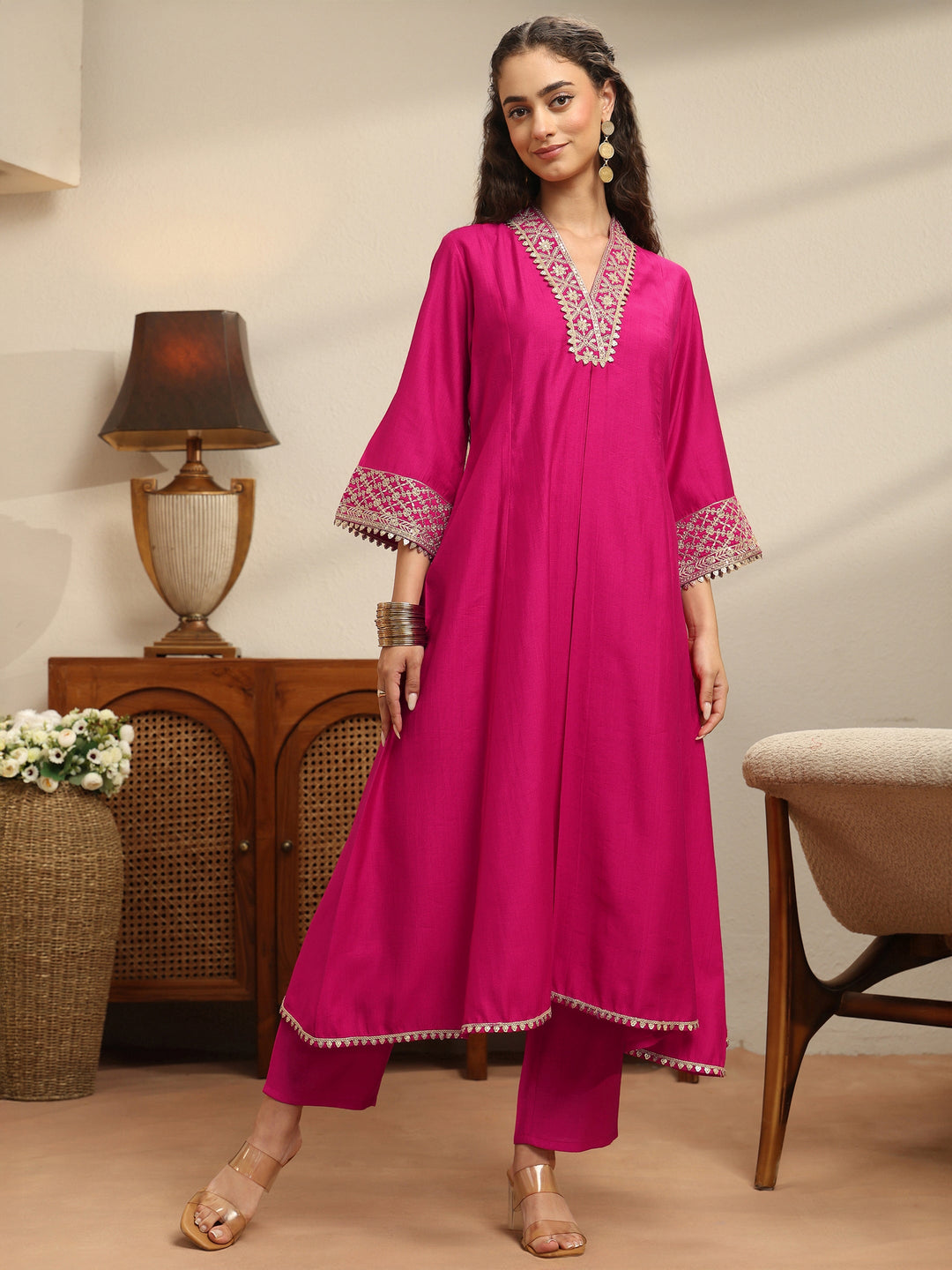 Pink Embellished Yoke Design Silk Blend A-Line Kurta Set