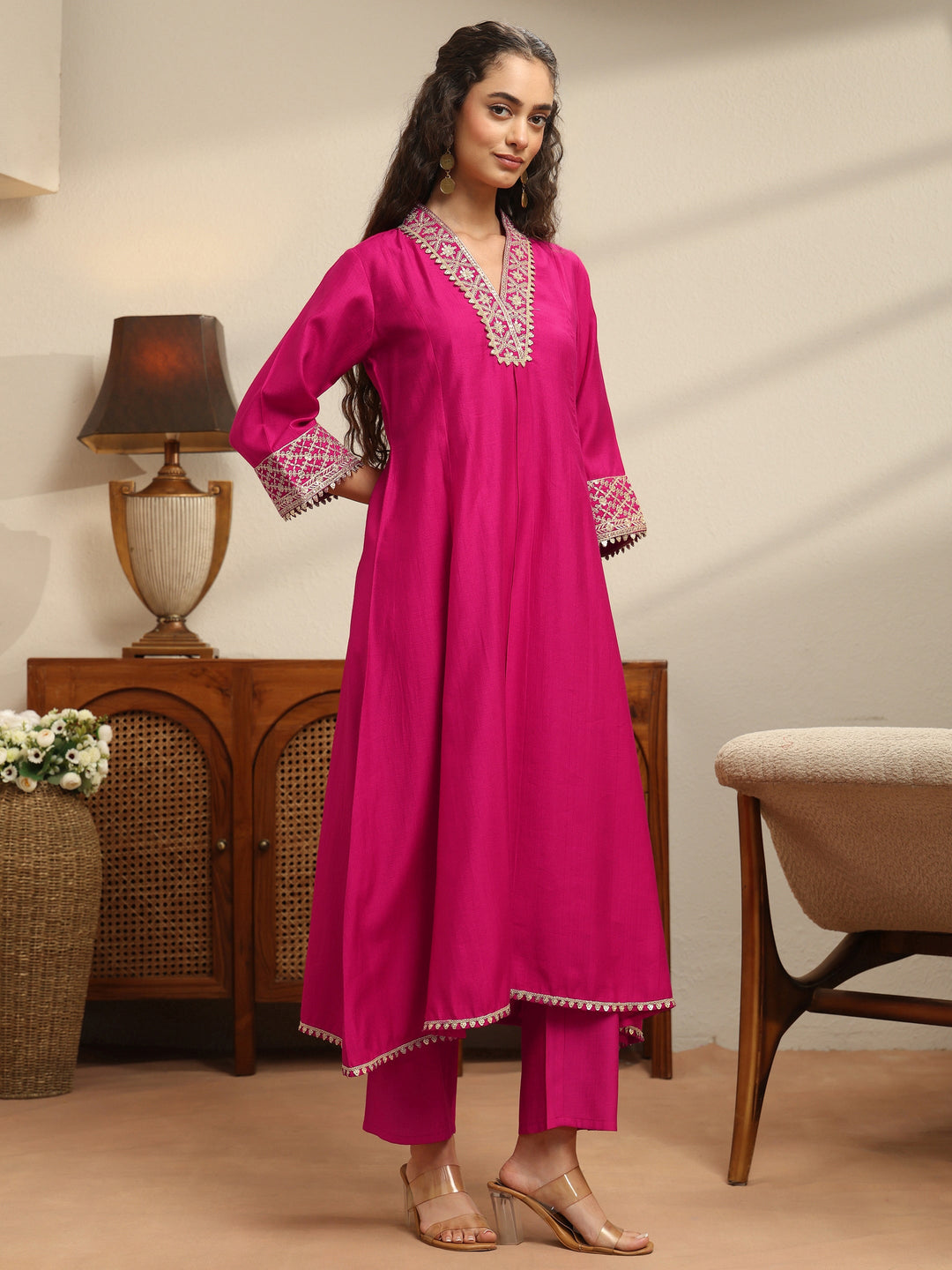 Pink Embellished Yoke Design Silk Blend A-Line Kurta Set