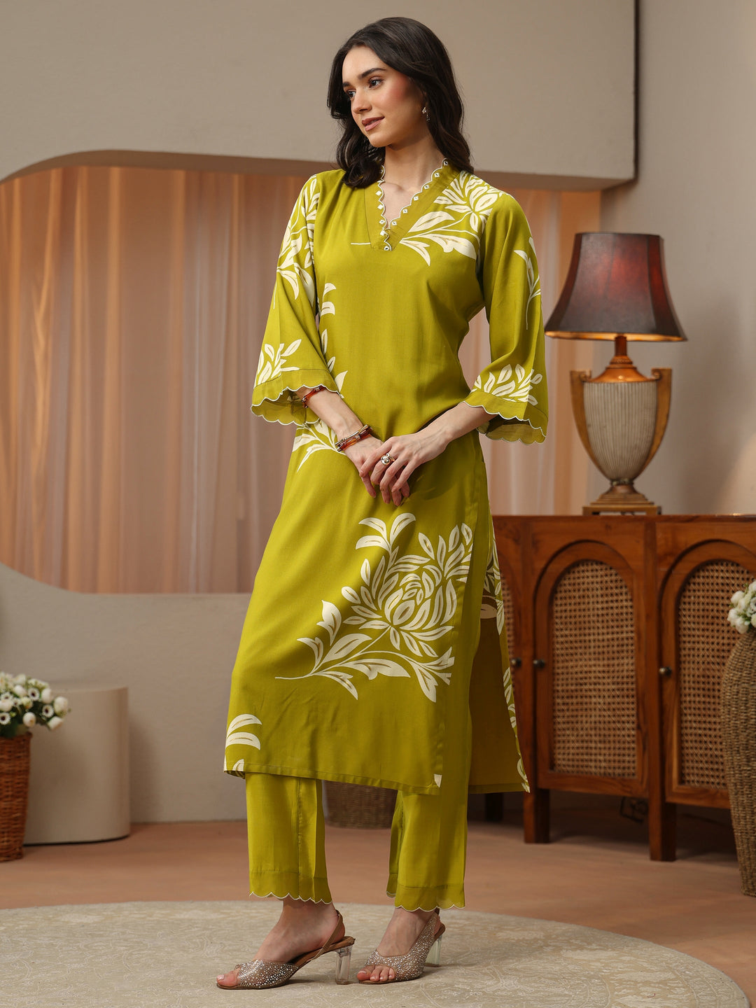 Lemon Green Floral Printed Rayon Straight Kurta Set