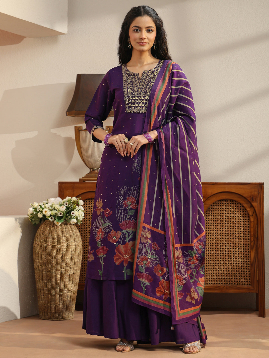 Purple Floral Printed Silk Blend Palazzo Suit Set