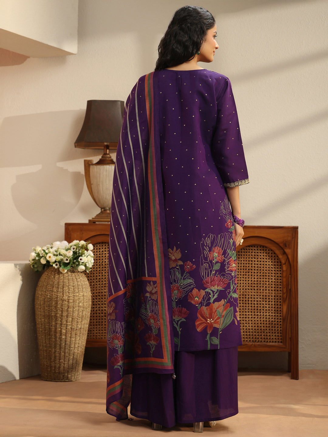 Purple Floral Printed Silk Blend Palazzo Suit Set