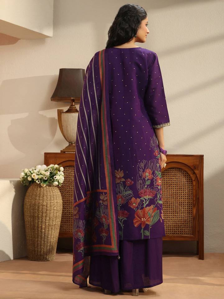 Purple Floral Printed Silk Blend Palazzo Suit Set