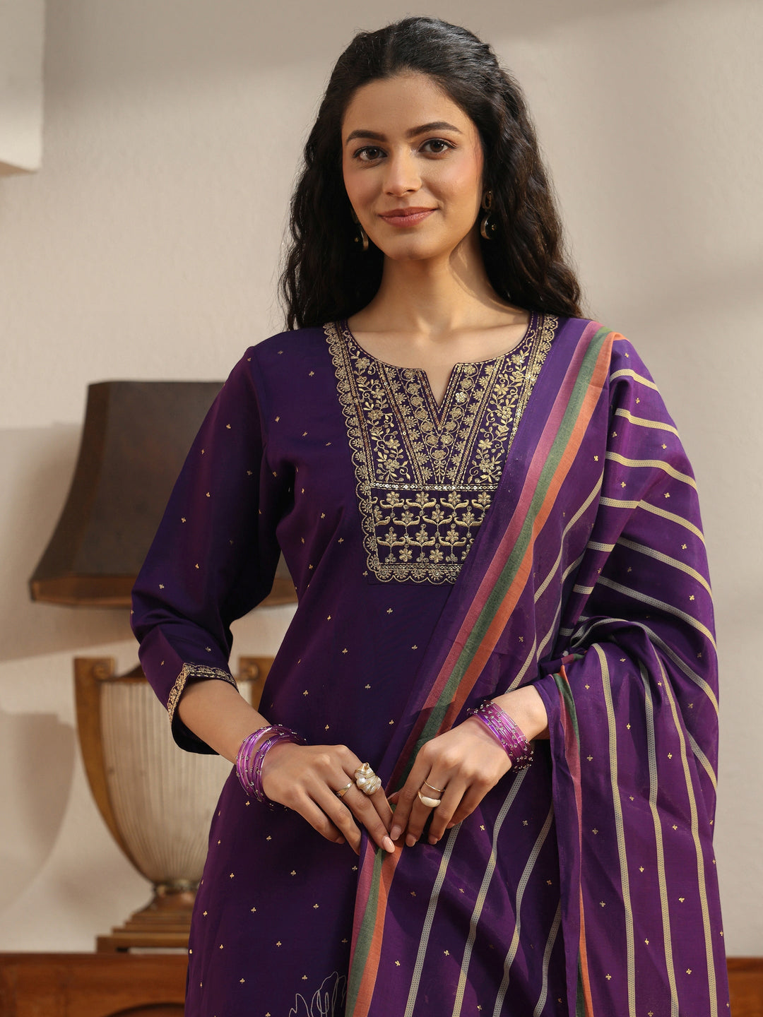 Purple Floral Printed Silk Blend Palazzo Suit Set