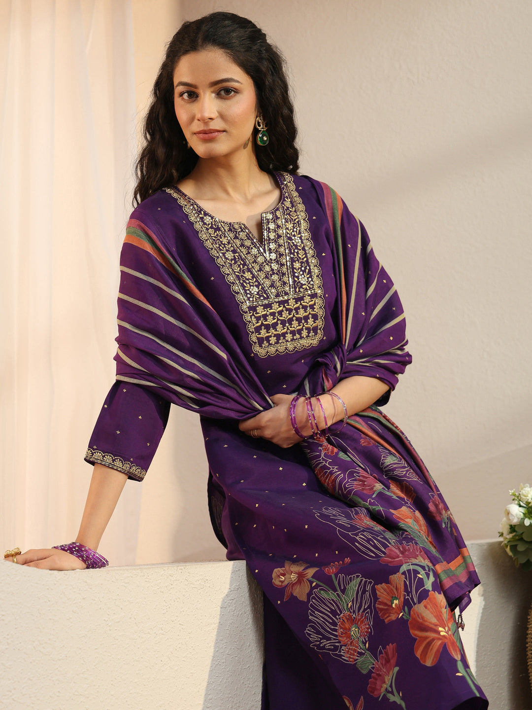 Purple Floral Printed Silk Blend Palazzo Suit Set