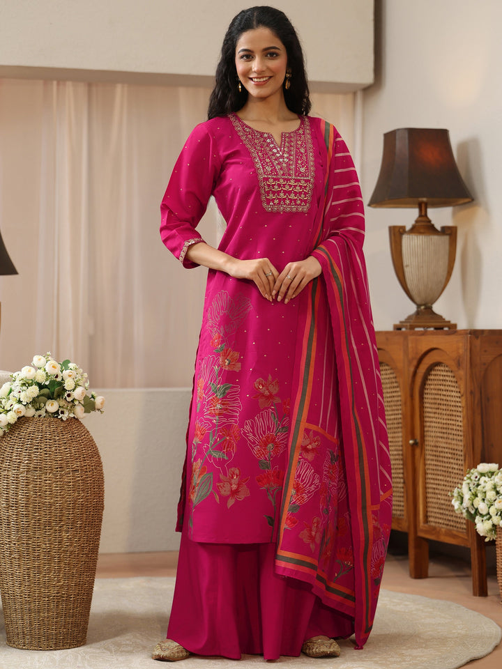 Pink Floral Printed Silk Blend Palazzo Suit Set