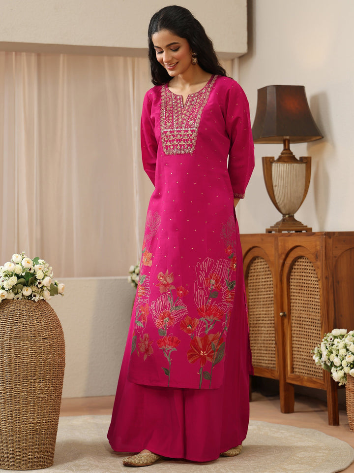 Pink Floral Printed Silk Blend Palazzo Suit Set
