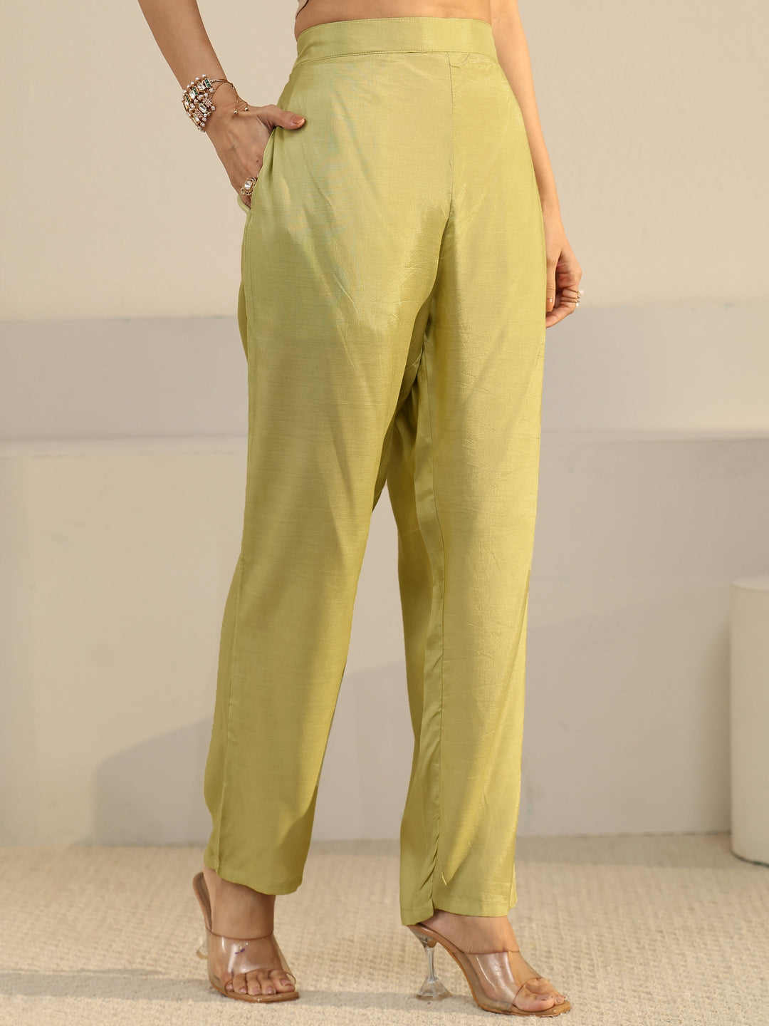 Libas Light Sage Green Floral Printed Silk Blend Straight Suit Set