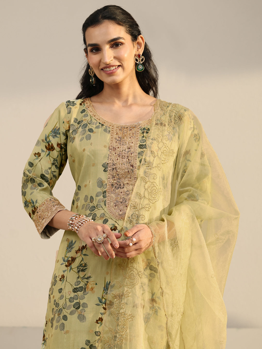 Libas Light Sage Green Floral Printed Silk Blend Straight Suit Set